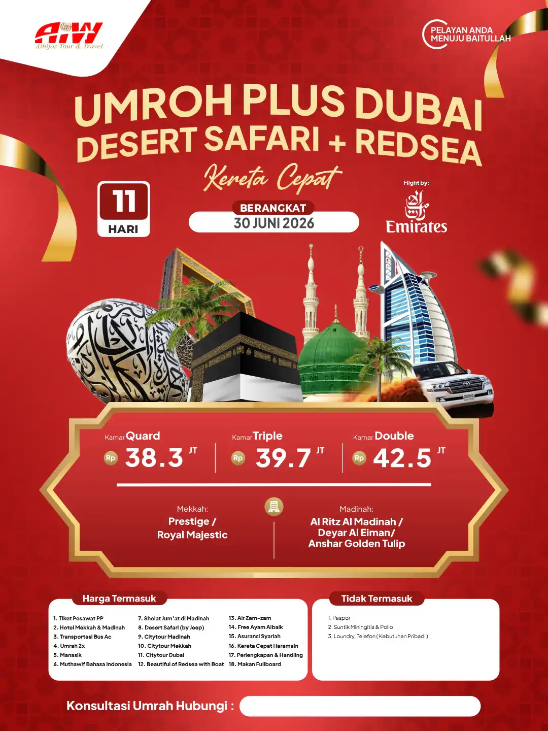 PLUS DUBAI + DESERT SAFARI + REDSEA 11HR MIX RAHMAH & UHUD (KERETA CEPAT)