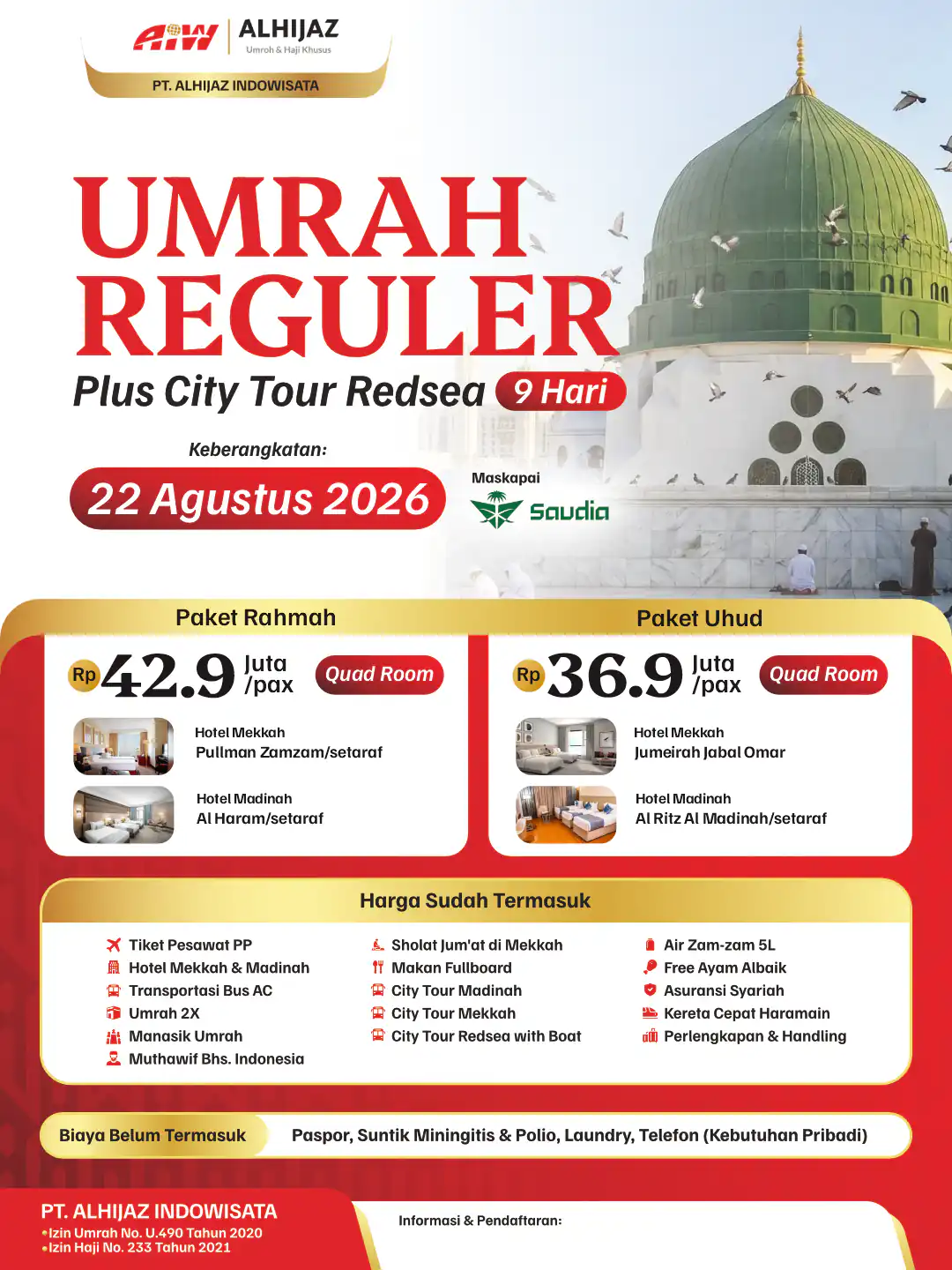 UMRAH REGULER PLUS REDSEA PAKET RAHMAH MIX UHUD 9HR ( KERETA CEPAT)